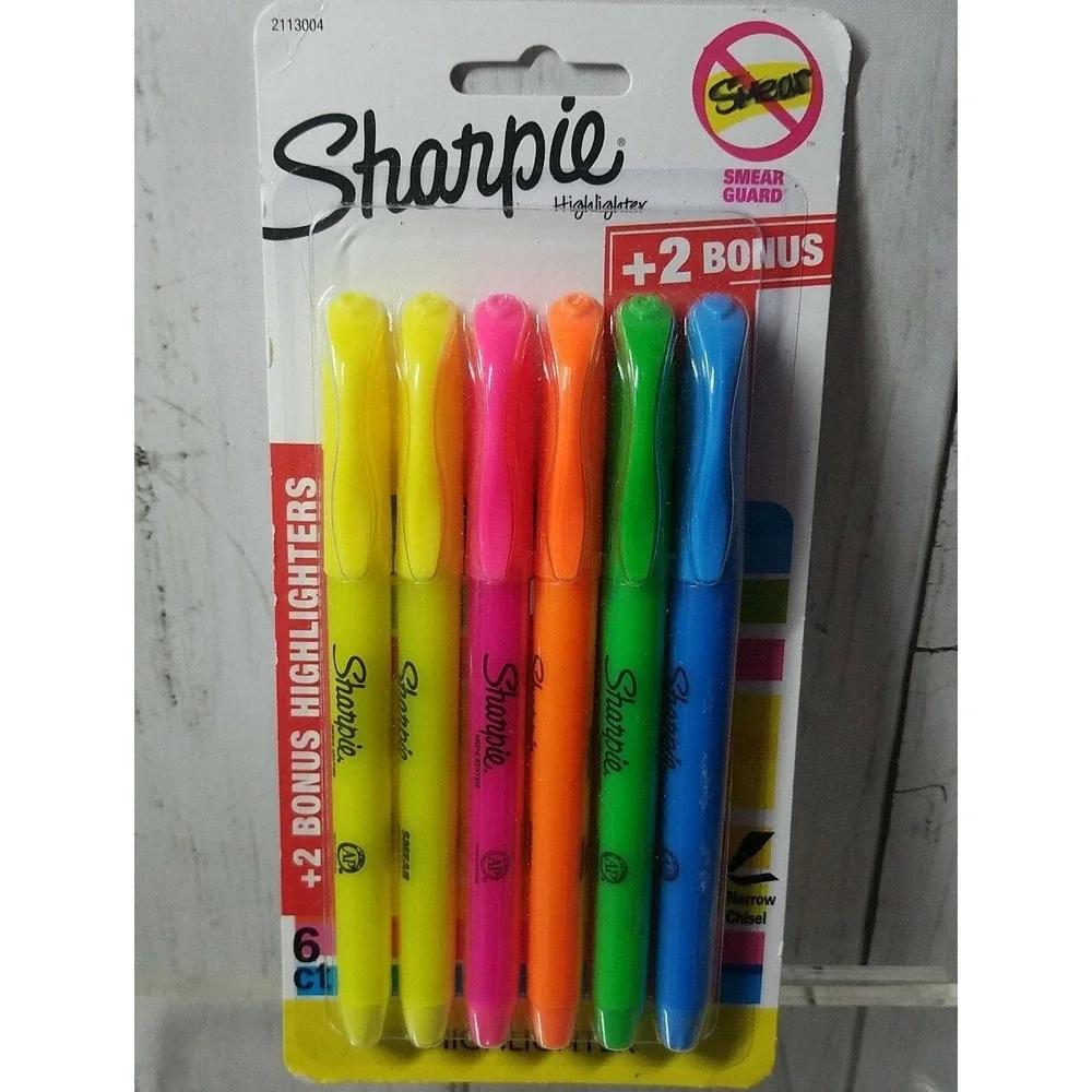 Sharpie Highlighter Pens w Pocket Clip Smear Guard Narrow Chisel Tip 5 Colors